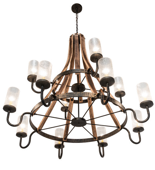 Meyda Lighting Barrel Stave 61" 12-Light Natural Wood & Golden Bronze Chandelier With Crystal Rainfall Idalight Shade