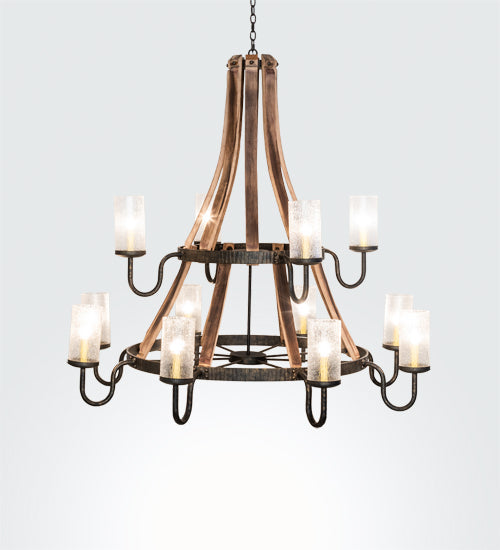 Meyda Lighting Barrel Stave 61" 12-Light Natural Wood & Golden Bronze Chandelier With Crystal Rainfall Idalight Shade