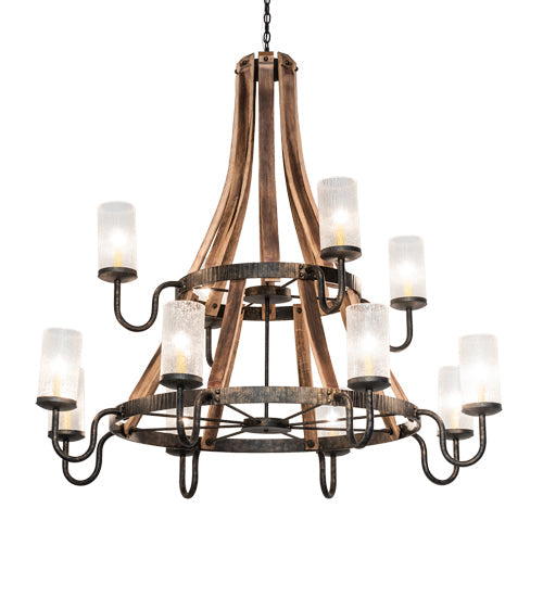 Meyda Lighting Barrel Stave 61" 12-Light Natural Wood & Golden Bronze Chandelier With Crystal Rainfall Idalight Shade