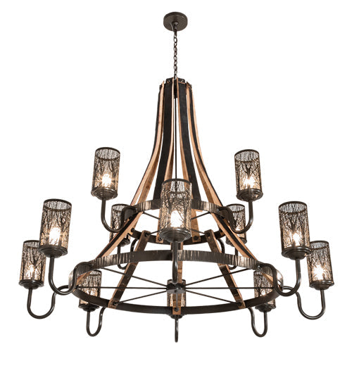 Meyda Lighting Barrel Stave 66" 12-Light 2-Tier Timeless Bronze & Charred Wood Winter Maple Chandelier