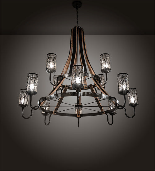 Meyda Lighting Barrel Stave 66" 12-Light 2-Tier Timeless Bronze & Charred Wood Winter Maple Chandelier