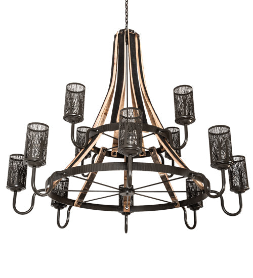 Meyda Lighting Barrel Stave 66" 12-Light 2-Tier Timeless Bronze & Charred Wood Winter Maple Chandelier