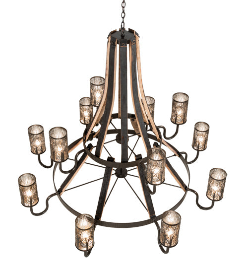 Meyda Lighting Barrel Stave 66" 12-Light 2-Tier Timeless Bronze & Charred Wood Winter Maple Chandelier