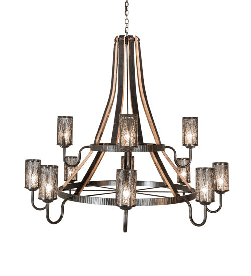Meyda Lighting Barrel Stave 66" 12-Light 2-Tier Timeless Bronze & Charred Wood Winter Maple Chandelier