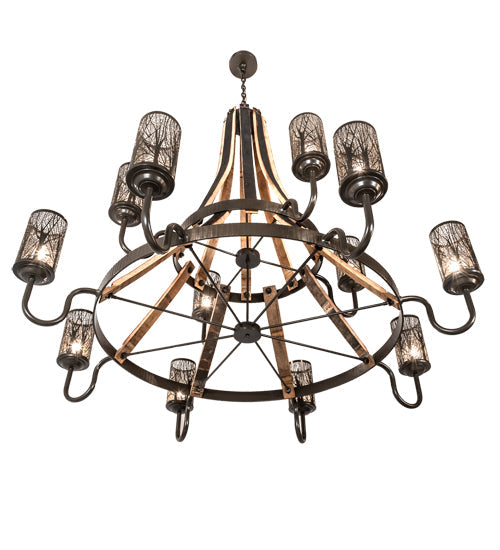 Meyda Lighting Barrel Stave 66" 12-Light 2-Tier Timeless Bronze & Charred Wood Winter Maple Chandelier