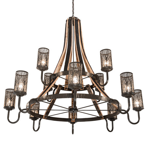 Meyda Lighting Barrel Stave 66" 12-Light 2-Tier Timeless Bronze & Charred Wood Winter Maple Chandelier