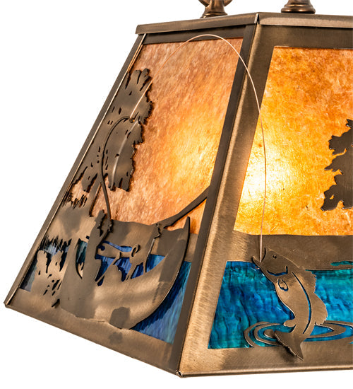 Meyda Lighting Bass and Fisherman 18" Antique Copper Island Pendant Light With Amber Mica & Blue Green Shade Glass