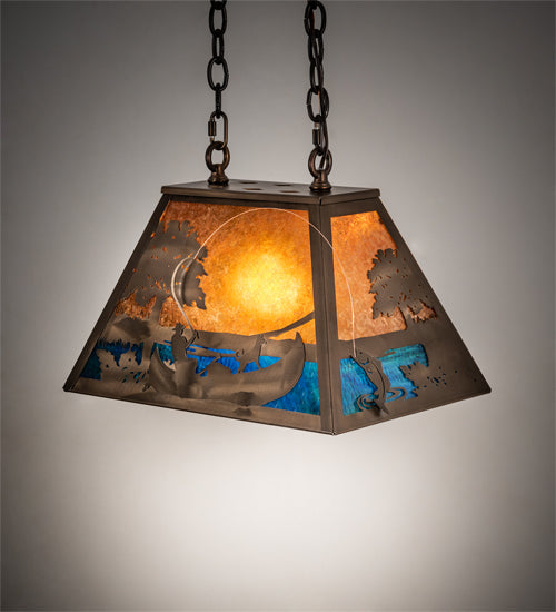 Meyda Lighting Bass and Fisherman 18" Antique Copper Island Pendant Light With Amber Mica & Blue Green Shade Glass