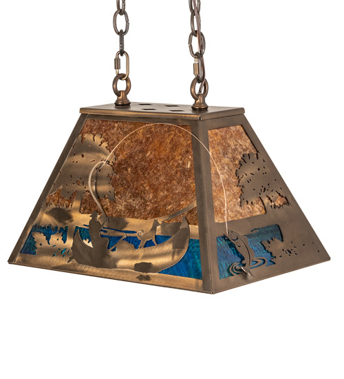Meyda Lighting Bass and Fisherman 18" Antique Copper Island Pendant Light With Amber Mica & Blue Green Shade Glass