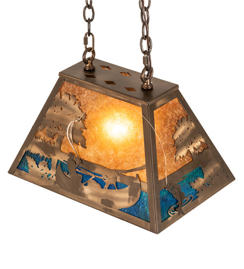 Meyda Lighting Bass and Fisherman 18" Antique Copper Island Pendant Light With Amber Mica & Blue Green Shade Glass