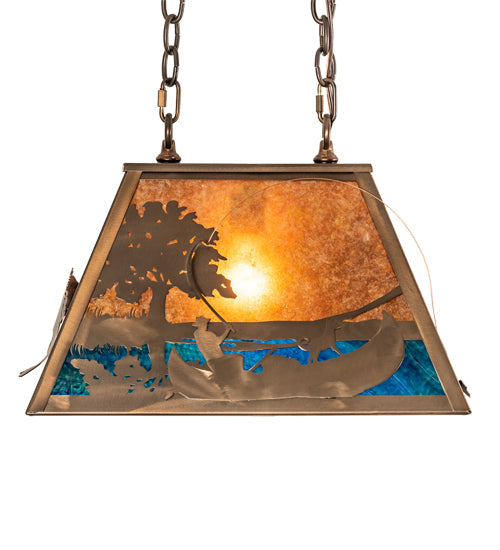 Meyda Lighting Bass and Fisherman 18" Antique Copper Island Pendant Light With Amber Mica & Blue Green Shade Glass