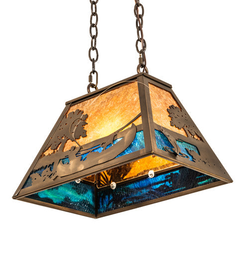 Meyda Lighting Bass and Fisherman 18" Antique Copper Island Pendant Light With Amber Mica & Blue Green Shade Glass