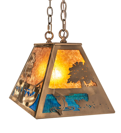 Meyda Lighting Bass and Fisherman 18" Antique Copper Island Pendant Light With Amber Mica & Blue Green Shade Glass