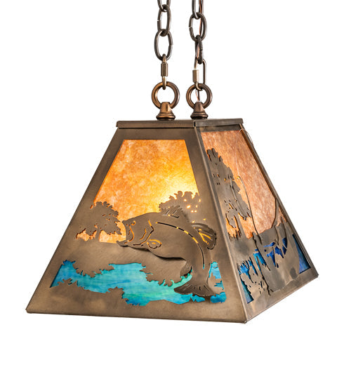 Meyda Lighting Bass and Fisherman 18" Antique Copper Island Pendant Light With Amber Mica & Blue Green Shade Glass