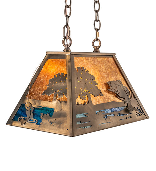 Meyda Lighting Bass and Fisherman 18" Antique Copper Island Pendant Light With Amber Mica & Blue Green Shade Glass