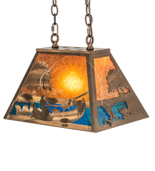 Meyda Lighting Bass and Fisherman 18" Antique Copper Island Pendant Light With Amber Mica & Blue Green Shade Glass