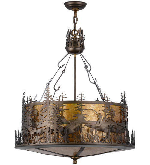 Meyda Lighting Bass and Fisherman 26" 4-Light Antique Copper Inverted Pendant Light With Amber Mica Shade Glass