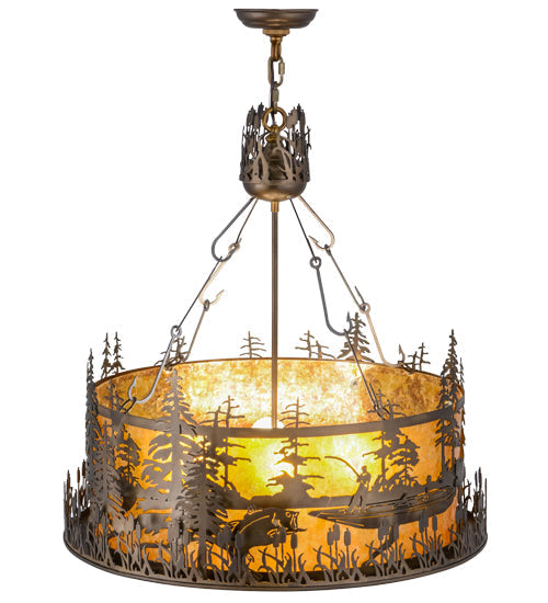 Meyda Lighting Bass and Fisherman 26" 4-Light Antique Copper Inverted Pendant Light With Amber Mica Shade Glass