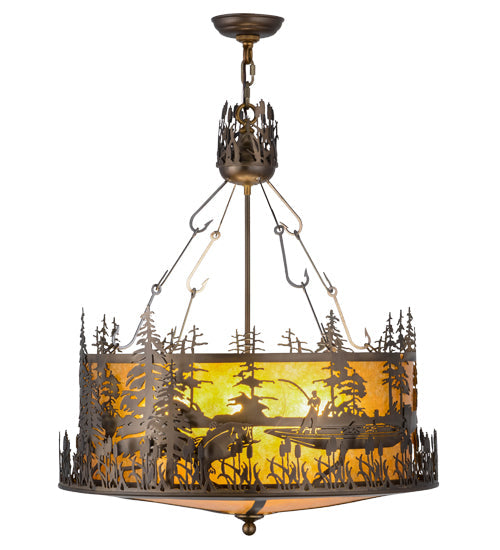 Meyda Lighting Bass and Fisherman 26" 4-Light Antique Copper Inverted Pendant Light With Amber Mica Shade Glass