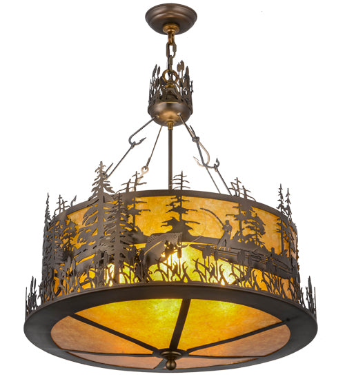 Meyda Lighting Bass and Fisherman 26" 4-Light Antique Copper Inverted Pendant Light With Amber Mica Shade Glass