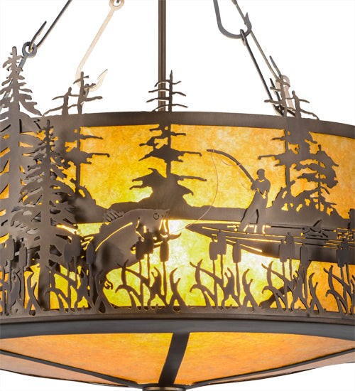 Meyda Lighting Bass and Fisherman 26" 4-Light Antique Copper Inverted Pendant Light With Amber Mica Shade Glass
