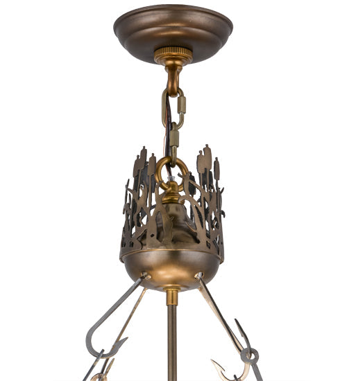 Meyda Lighting Bass and Fisherman 26" 4-Light Antique Copper Inverted Pendant Light With Amber Mica Shade Glass