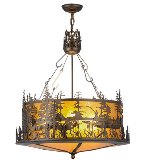 Meyda Lighting Bass and Fisherman 26" 4-Light Antique Copper Inverted Pendant Light With Amber Mica Shade Glass