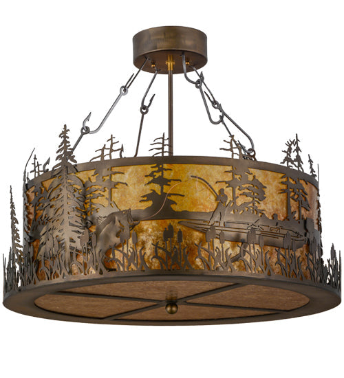 Meyda Lighting Bass and Fisherman 26" 4-Light Antique Copper Semi-flush Mount Ceiling Light With Amber Mica Shade Glass