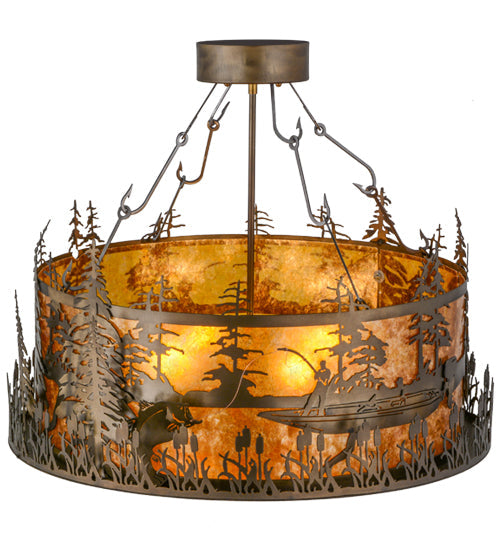 Meyda Lighting Bass and Fisherman 26" 4-Light Antique Copper Semi-flush Mount Ceiling Light With Amber Mica Shade Glass