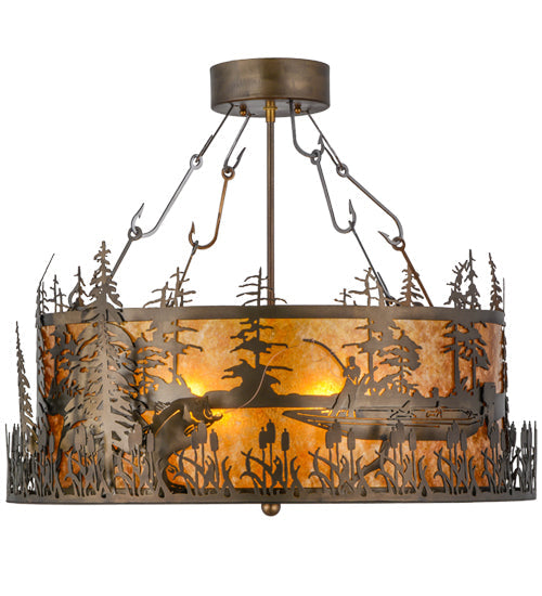 Meyda Lighting Bass and Fisherman 26" 4-Light Antique Copper Semi-flush Mount Ceiling Light With Amber Mica Shade Glass