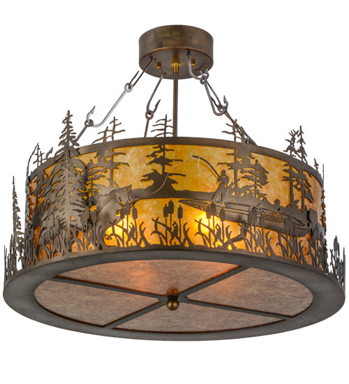 Meyda Lighting Bass and Fisherman 26" 4-Light Antique Copper Semi-flush Mount Ceiling Light With Amber Mica Shade Glass