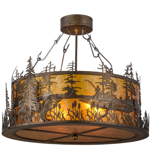 Meyda Lighting Bass and Fisherman 26" 4-Light Antique Copper Semi-flush Mount Ceiling Light With Amber Mica Shade Glass