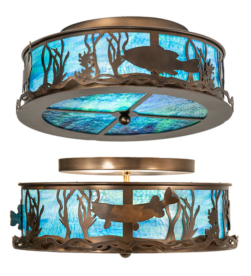 Meyda Lighting Bass and Pike 18" 2-Light Antique Copper Flush Mount Light With Blue Green Ripple Shade Glass