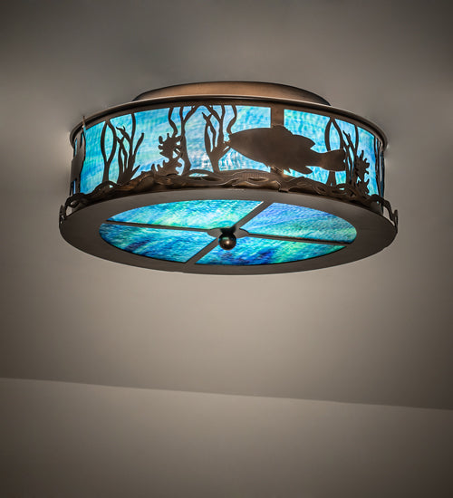 Meyda Lighting Bass and Pike 18" 2-Light Antique Copper Flush Mount Light With Blue Green Ripple Shade Glass