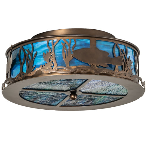 Meyda Lighting Bass and Pike 18" 2-Light Antique Copper Flush Mount Light With Blue Green Ripple Shade Glass