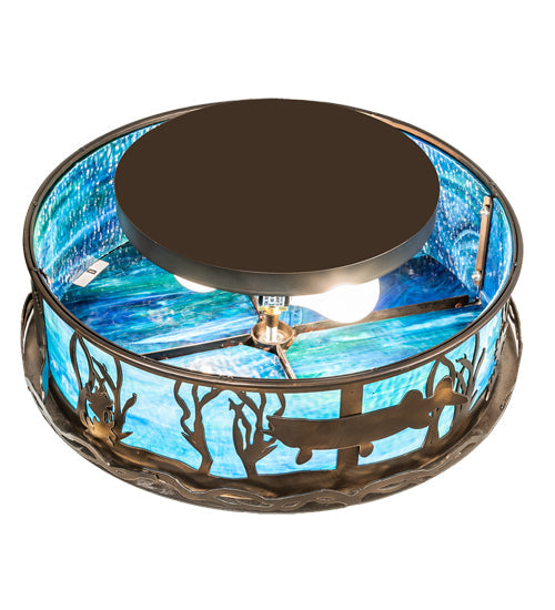 Meyda Lighting Bass and Pike 18" 2-Light Antique Copper Flush Mount Light With Blue Green Ripple Shade Glass