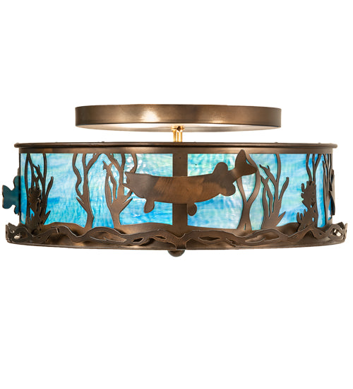 Meyda Lighting Bass and Pike 18" 2-Light Antique Copper Flush Mount Light With Blue Green Ripple Shade Glass