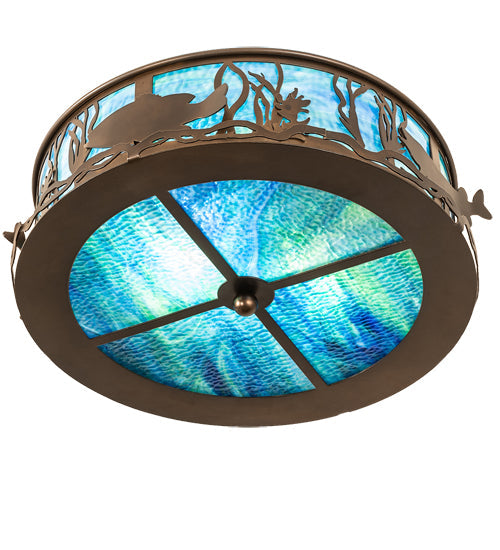 Meyda Lighting Bass and Pike 18" 2-Light Antique Copper Flush Mount Light With Blue Green Ripple Shade Glass