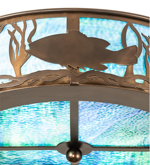 Meyda Lighting Bass and Pike 18" 2-Light Antique Copper Flush Mount Light With Blue Green Ripple Shade Glass