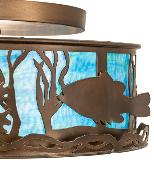Meyda Lighting Bass and Pike 18" 2-Light Antique Copper Flush Mount Light With Blue Green Ripple Shade Glass