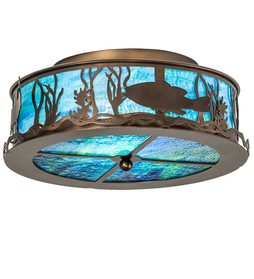 Meyda Lighting Bass and Pike 18" 2-Light Antique Copper Flush Mount Light With Blue Green Ripple Shade Glass