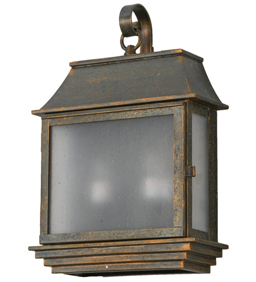 Meyda Lighting Bastille 10" 2-Light Golden Bronze Lantern Wall Sconce With Frosted Seeded Shade Glass