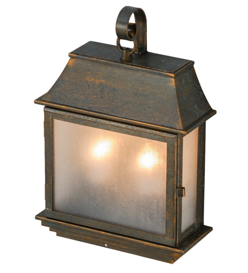 Meyda Lighting Bastille 10" 2-Light Golden Bronze Lantern Wall Sconce With Frosted Seeded Shade Glass