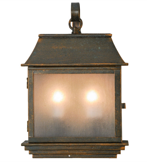 Meyda Lighting Bastille 10" 2-Light Golden Bronze Lantern Wall Sconce With Frosted Seeded Shade Glass