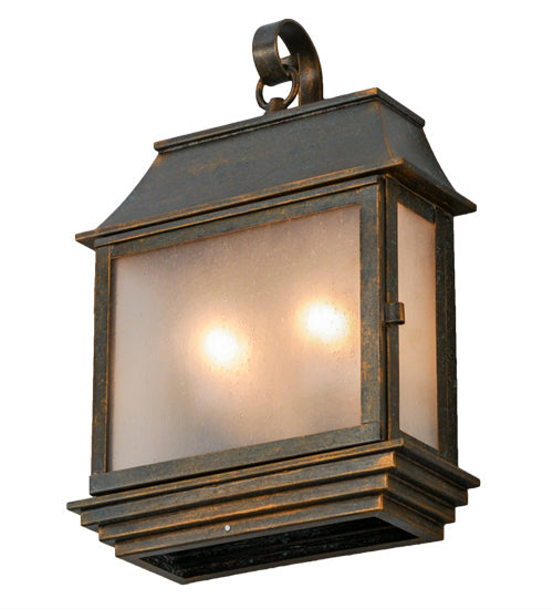 Meyda Lighting Bastille 10" 2-Light Golden Bronze Lantern Wall Sconce With Frosted Seeded Shade Glass