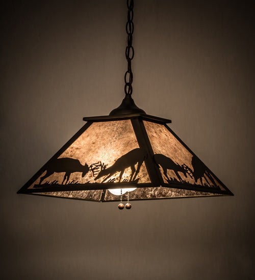 Meyda Lighting Battling Bucks 22" 2-Light Antique Copper Pendant Light With Silver Mica Shade Glass