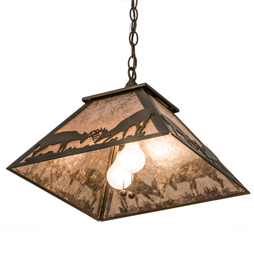Meyda Lighting Battling Bucks 22" 2-Light Antique Copper Pendant Light With Silver Mica Shade Glass
