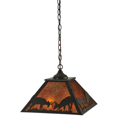 Meyda Lighting Battling Bucks 22" 2-Light Timeless Bronze Pendant Light With Amber Mica Shade Glass