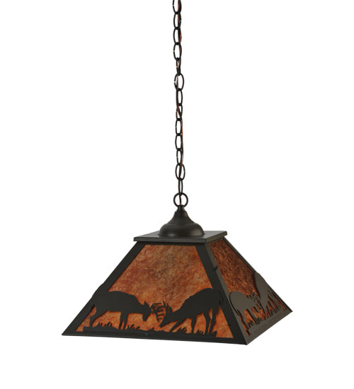 Meyda Lighting Battling Bucks 22" 2-Light Timeless Bronze Pendant Light With Amber Mica Shade Glass