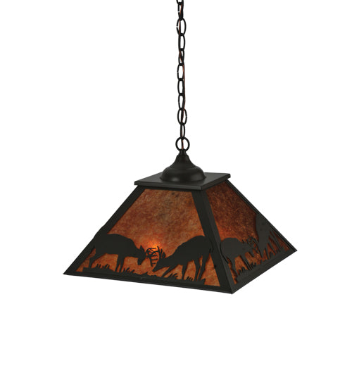 Meyda Lighting Battling Bucks 22" 2-Light Timeless Bronze Pendant Light With Amber Mica Shade Glass
